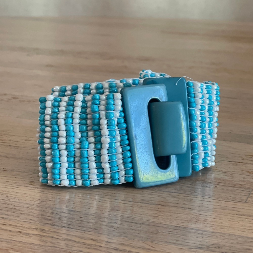Vintage 80s Turquoise White Beaded Stretch Belt Wide Striped Cinch Buckle 26in